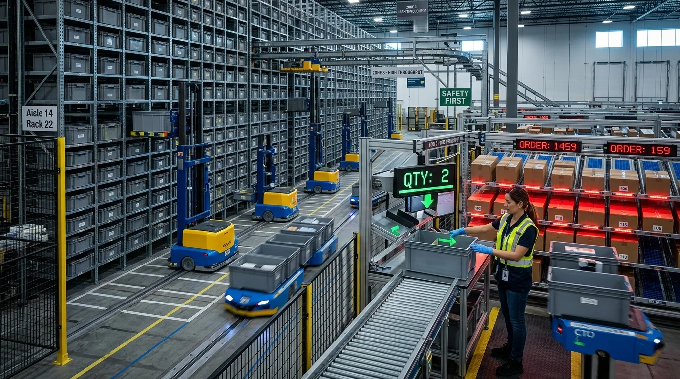Penerapan sistem otomasi Goods-to-Person G2P dengan robot Carton Transfer Unit CTU di pusat pemenuhan pesanan e-commerce