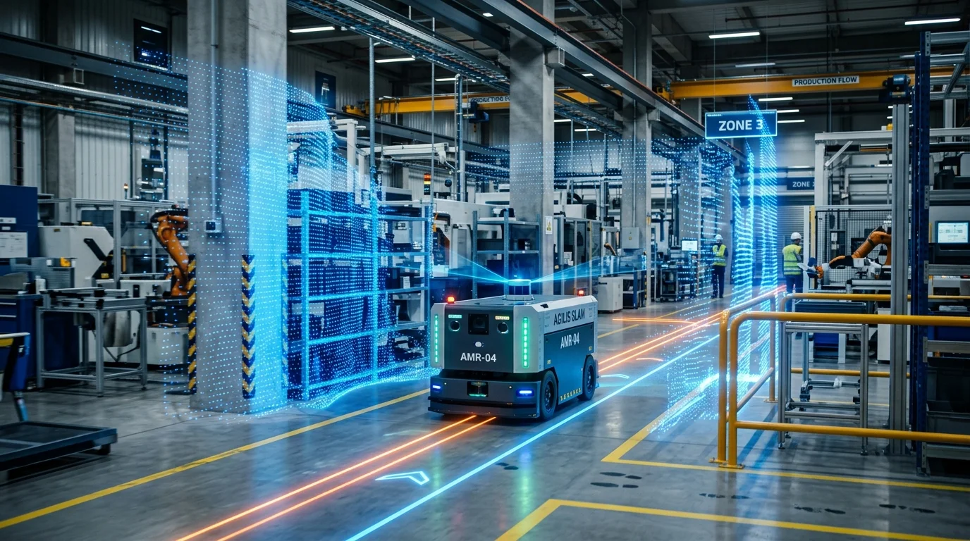 Visualisasi pemetaan 3D point cloud Laser SLAM pada AMR berpanduan LiDAR di lantai pabrik manufaktur modern