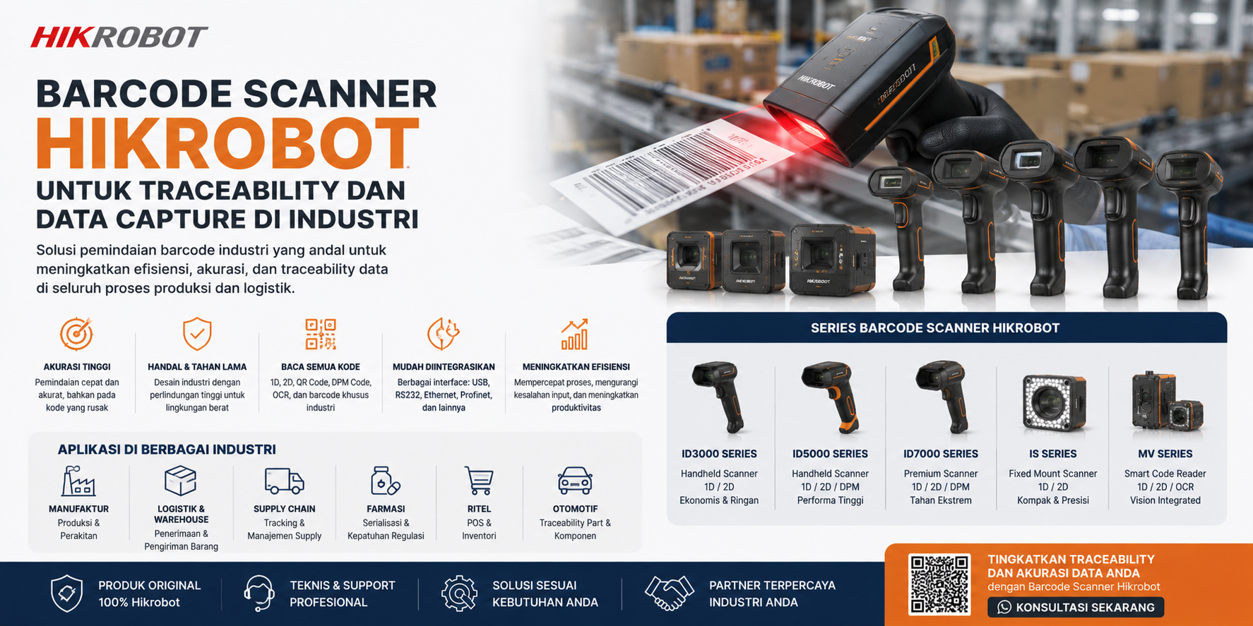 Barcode Scanner Hikrobot fixed dan handheld untuk traceability industri