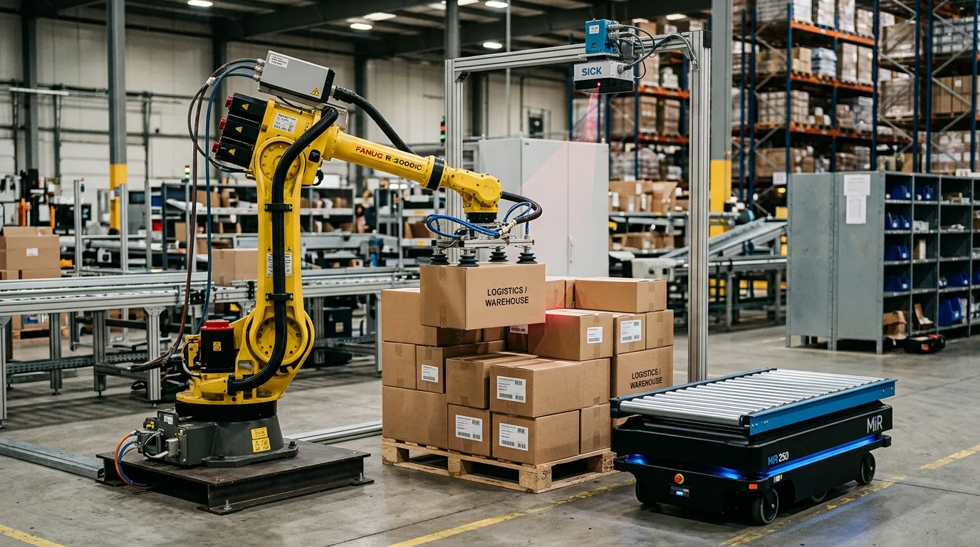 Smart Depalletizing kardus campuran dengan sensor 3D vision, robotika industri, dan AMR