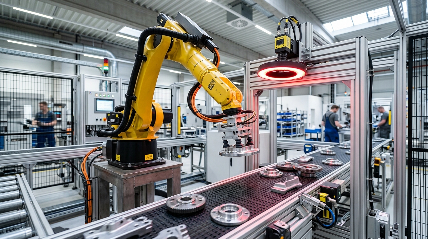 Sistem Vision Guided Robot (VGR) dengan kamera industri dan ring light memandu robotic arm pada lini konveyor manufaktur